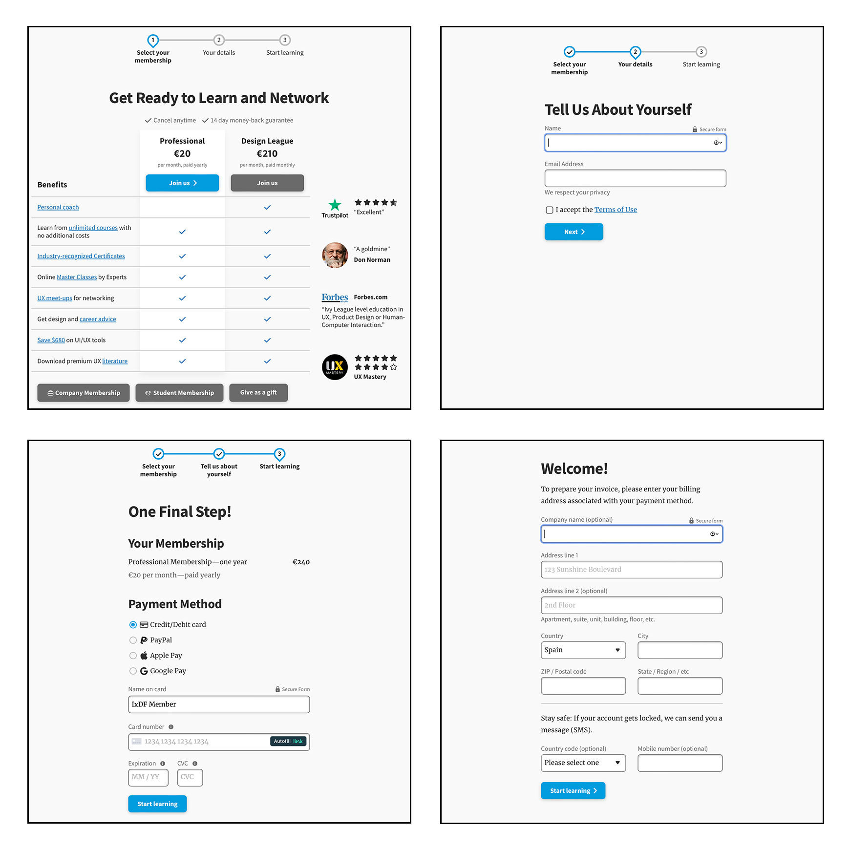 Four screens from the Interaction Design Foundation's sign-up flow. On screen one the user chooses a membership, on screen two they enter their name and email, on screen three they enter their payment details, and on screen four they enter their address and phone number.